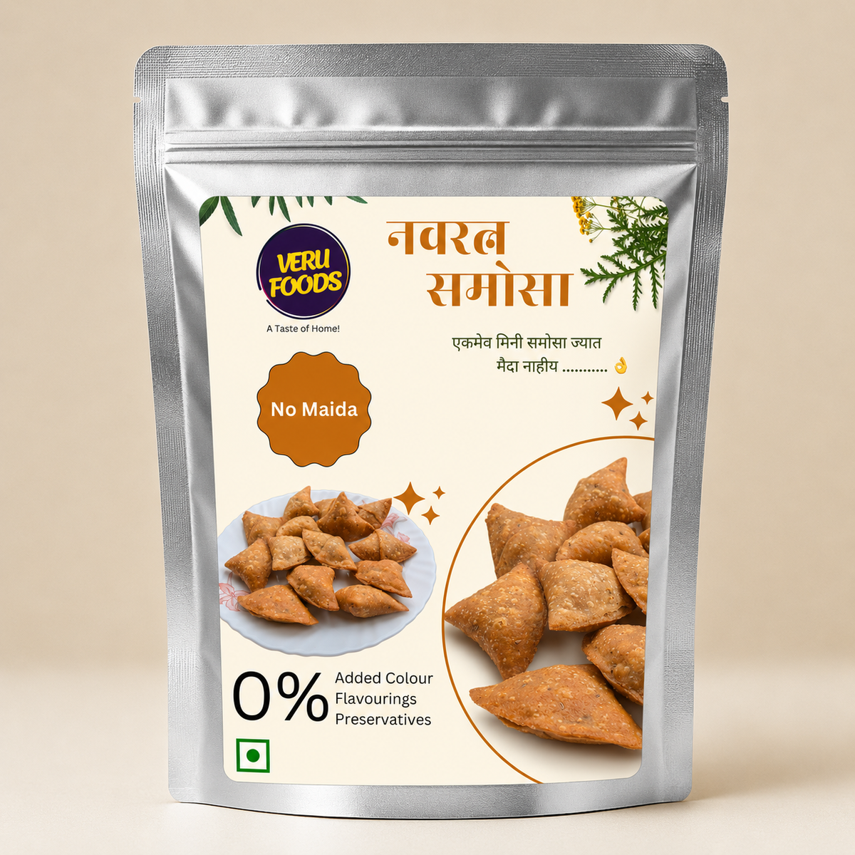 Veru Foods Navrat Samosa in silver stand-up foil pouch with No Maida label, healthy mini samosa snack made without added colours, flavourings or preservatives, premium Indian ready-to-fry snack packaging.