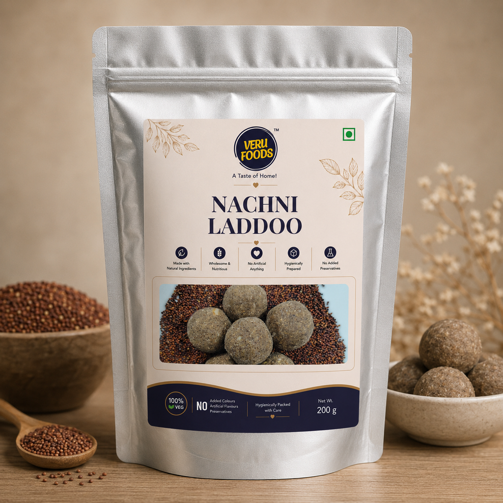 Premium silver stand-up pouch of Veru Foods Nachni Laddoo made from ragi millet, showcasing healthy Indian sweet balls with no preservatives and 100% vegetarian ingredients on a natural wooden background.