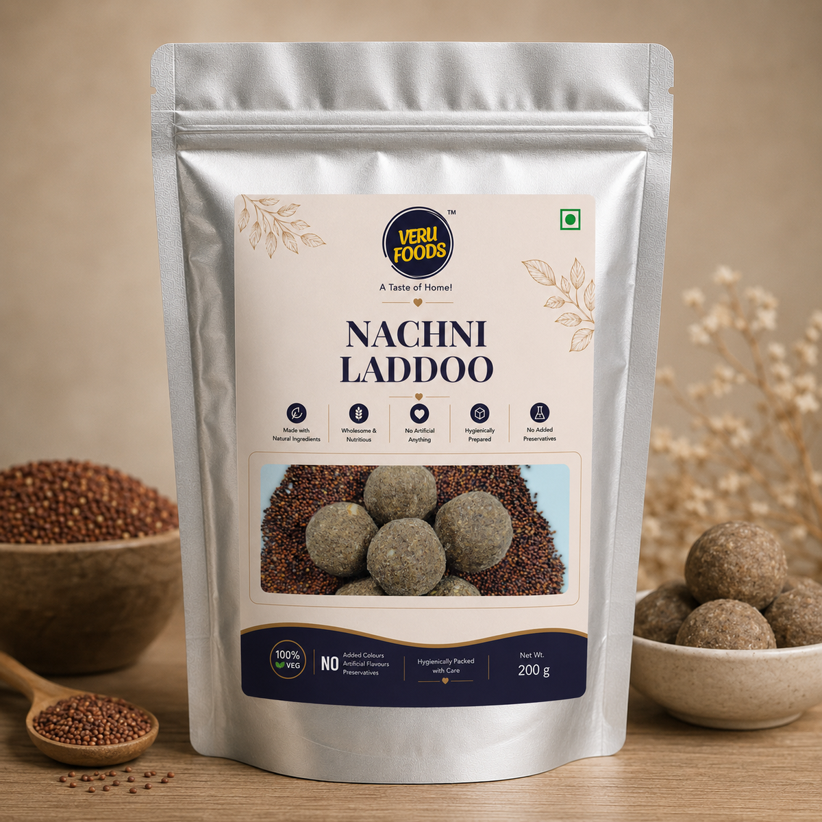 Premium silver stand-up pouch of Veru Foods Nachni Laddoo made from ragi millet, showcasing healthy Indian sweet balls with no preservatives and 100% vegetarian ingredients on a natural wooden background.