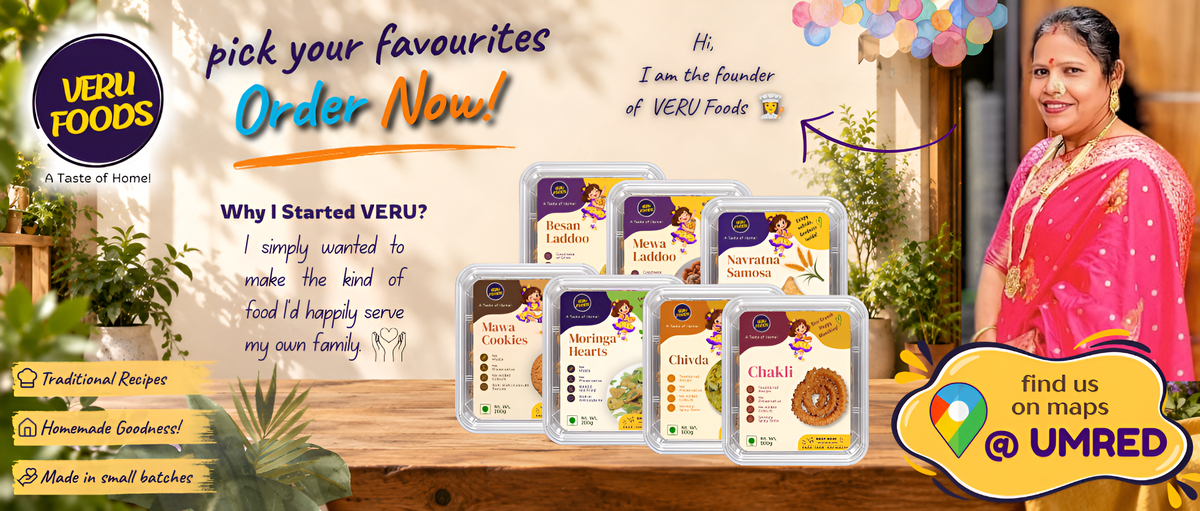 VERU Foods website banner featuring traditional homemade snacks, founder story, product range, and a Find Us on Maps @ Umred call-to-action.