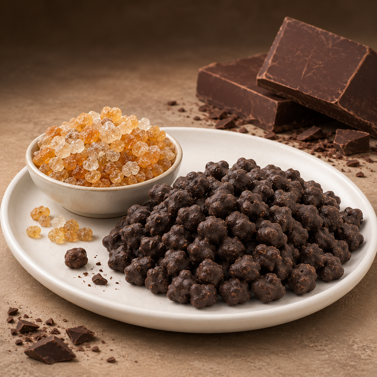 Dink Shotz chocolate-coated edible tree sap bites in desi ghee, silver stand-up pouch packaging by Veru Foods