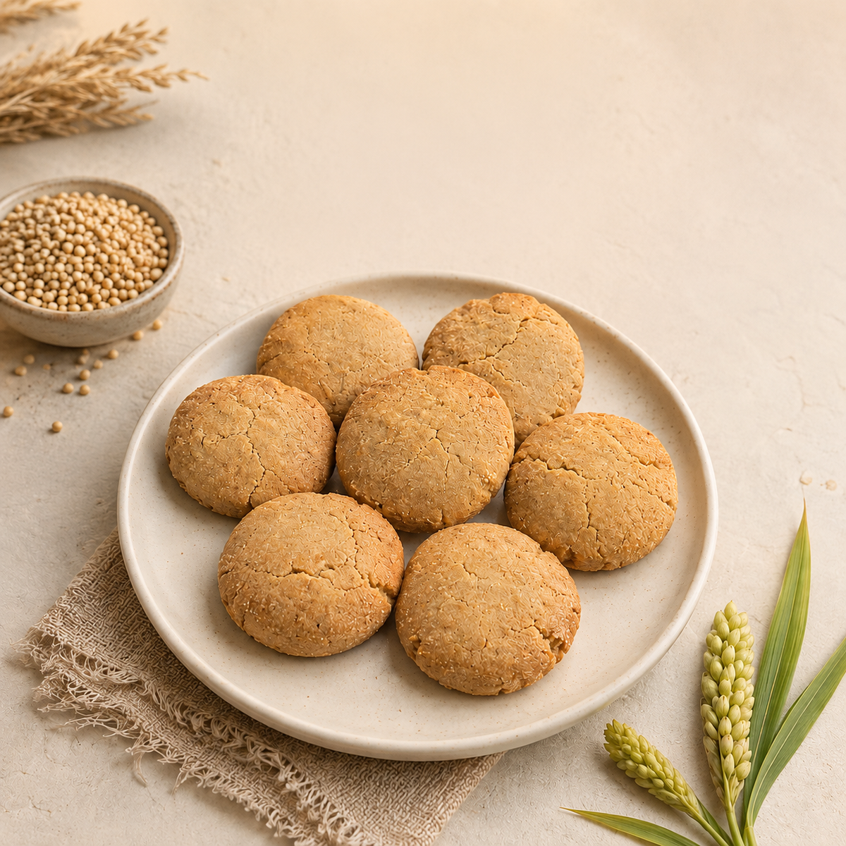 Homemade jowar cookies made with sorghum flour, with jowar grains and natural elements.