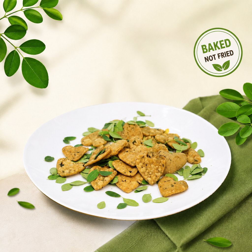 Close-up of baked moringa leaf crackers on a white plate with fresh green leaves, clean natural food styling, healthy snack, baked not fried concept, square product showcase image for online store.
