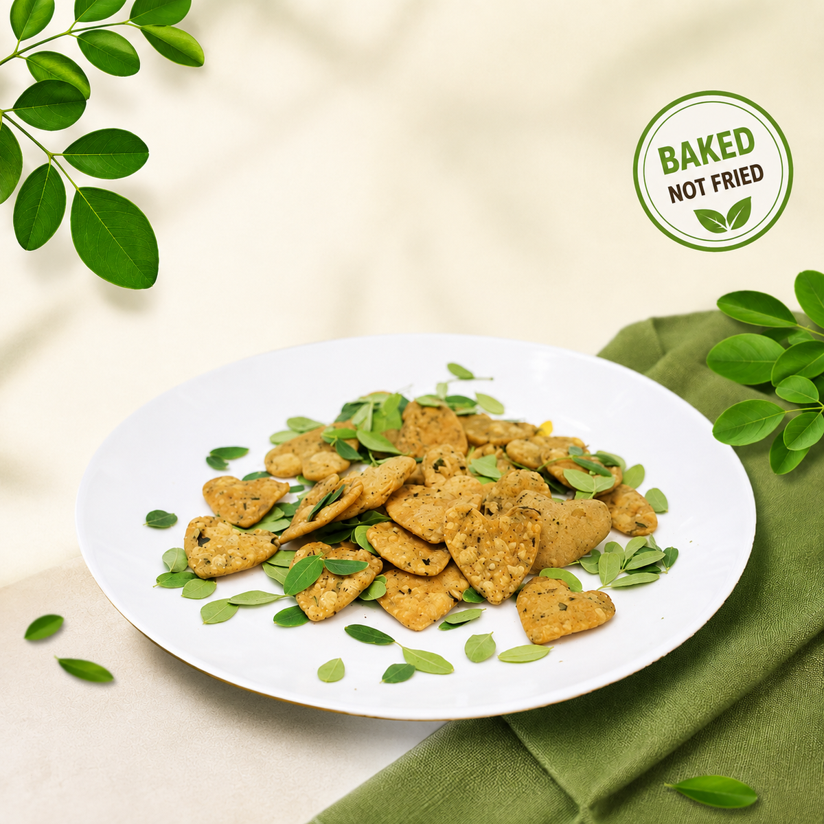 Close-up of baked moringa leaf crackers on a white plate with fresh green leaves, clean natural food styling, healthy snack, baked not fried concept, square product showcase image for online store.

