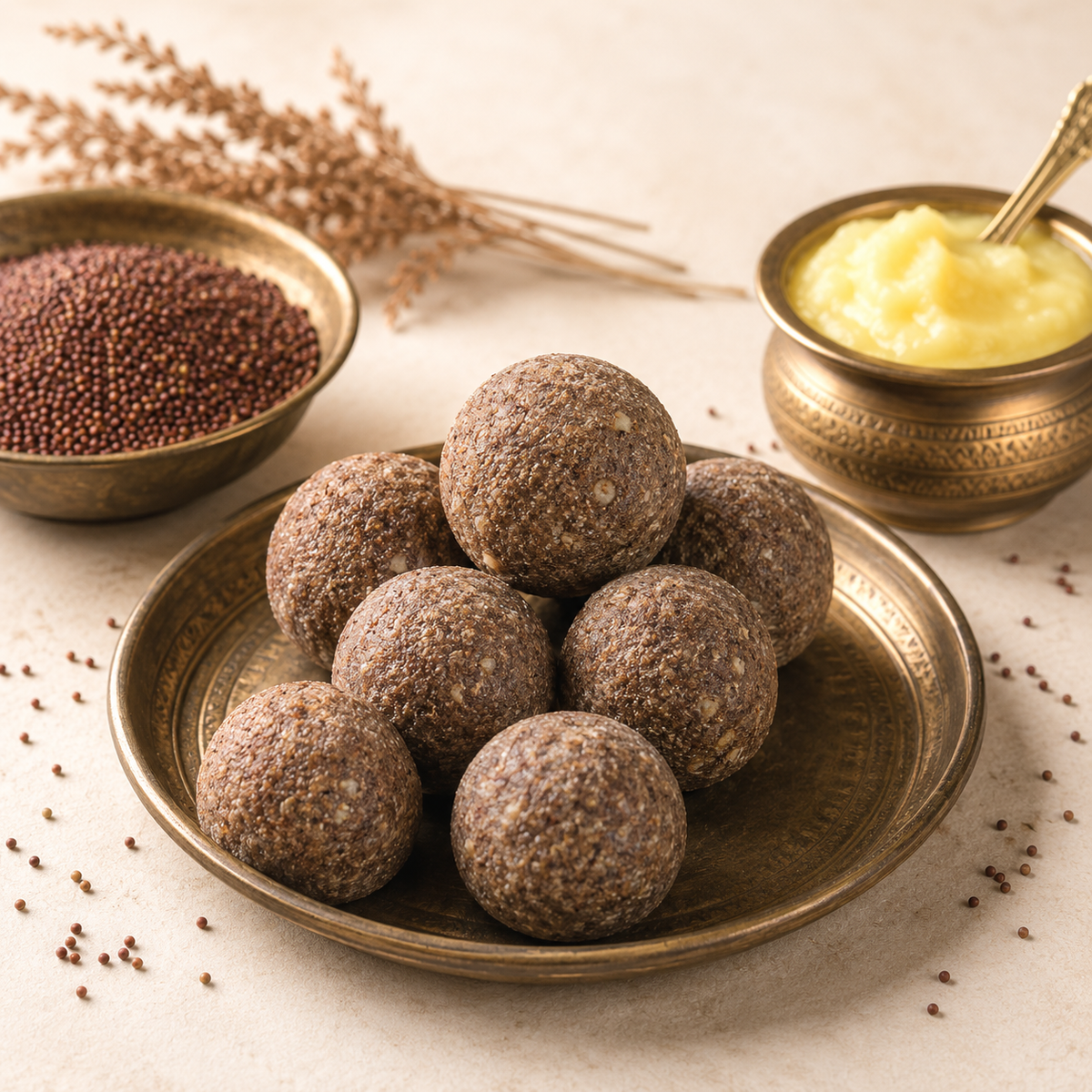 Ragi laddoo made with finger millet and desi ghee, served on a brass plate with raw ragi grains and ghee in background – healthy Indian sweet snack