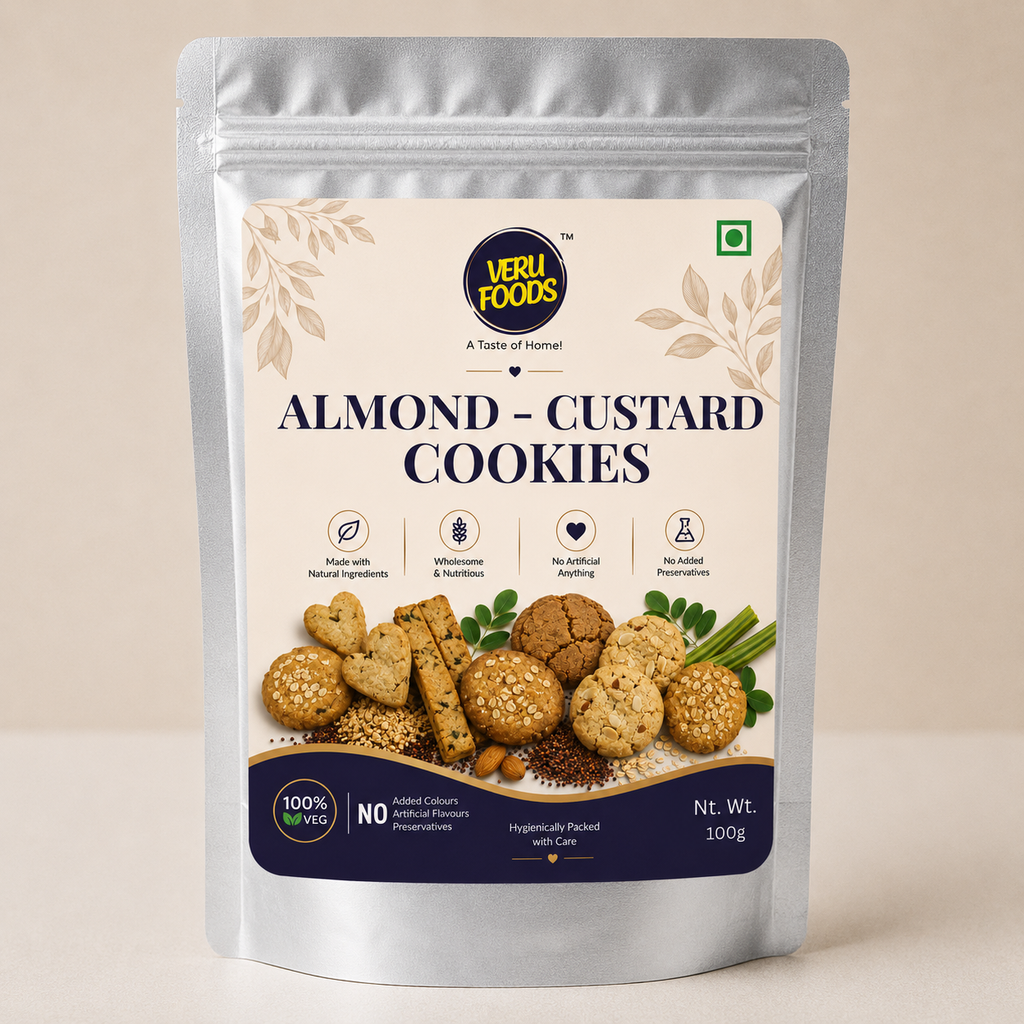 Veru Foods Almond Custard Cookies 100g silver foil stand-up pouch featuring a cream label, almond cookies, natural ingredients, and 100% vegetarian packaging