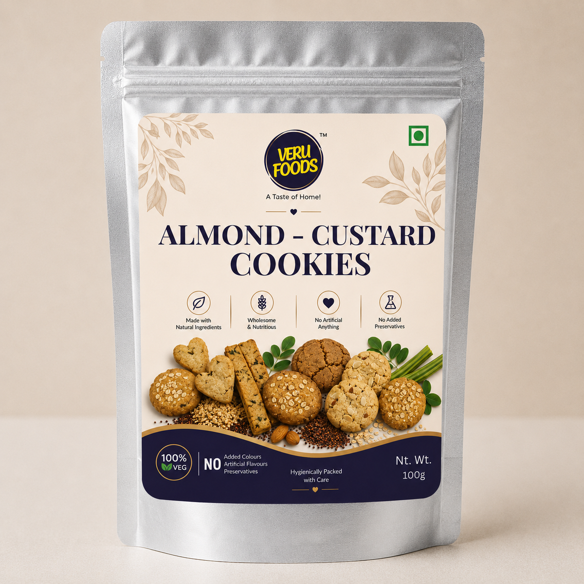 Veru Foods Almond Custard Cookies 100g silver foil stand-up pouch featuring a cream label, almond cookies, natural ingredients, and 100% vegetarian packaging