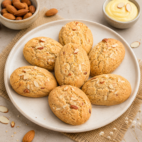 Veru Foods Almond Custard Cookies featuring golden-brown almond cookies with sliced almonds, served on a ceramic plate with almonds and custard