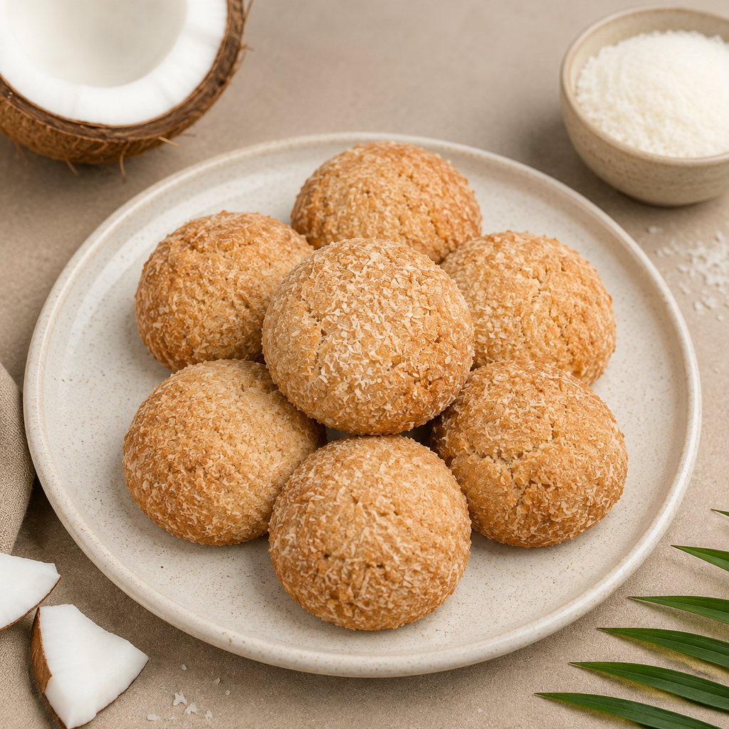 Veru Foods Coconut Cookies featuring golden-brown coconut-coated cookies served on a ceramic plate with fresh coconut, shredded coconut