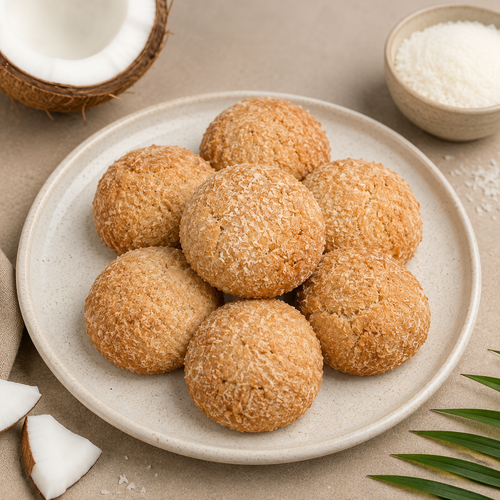 Veru Foods Coconut Cookies featuring golden-brown coconut-coated cookies served on a ceramic plate with fresh coconut, shredded coconut