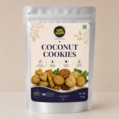 Veru Foods Coconut Cookies in a silver foil stand-up pouch with a premium product label and natural cookie imagery