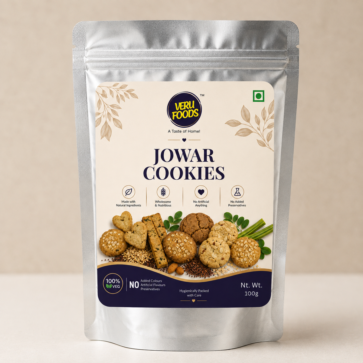 Veru Foods Jowar Cookies 100g silver stand-up pouch with cream product label and wholesome ingredients sorghum cookies