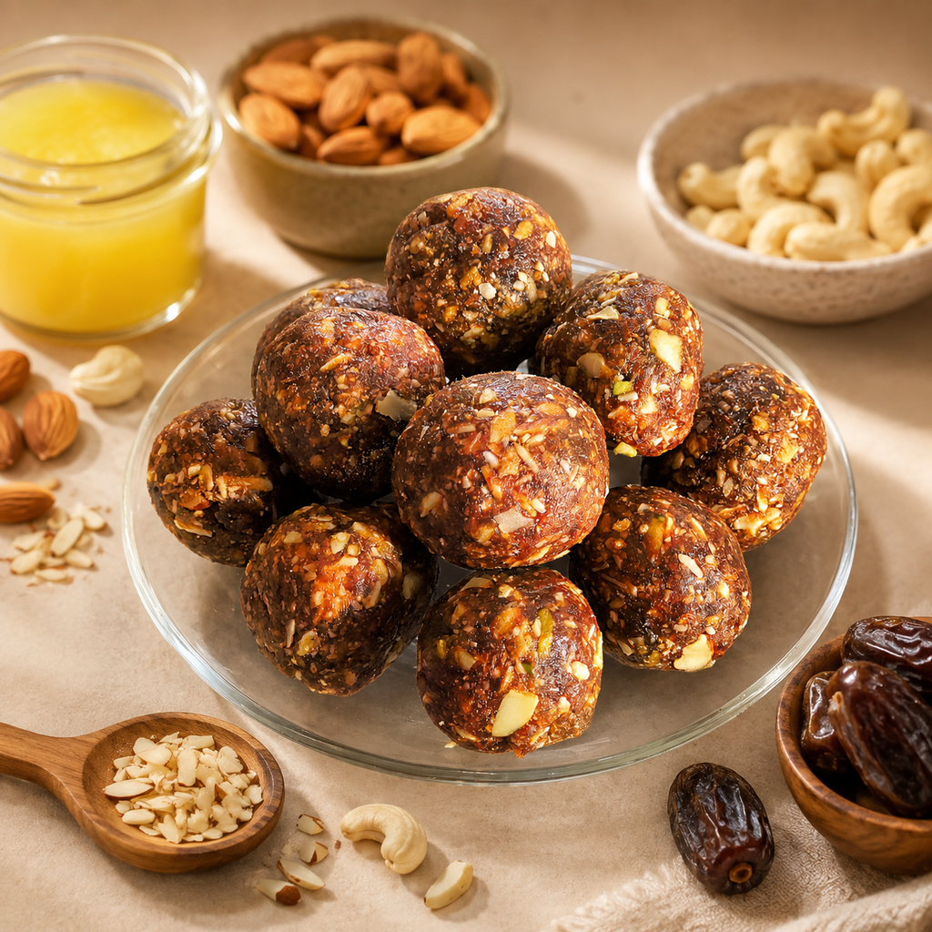Khajur laddoo made with dates, desi ghee, almonds and cashews, arranged on a glass plate with natural ingredients, healthy Indian sweet and energy snack.