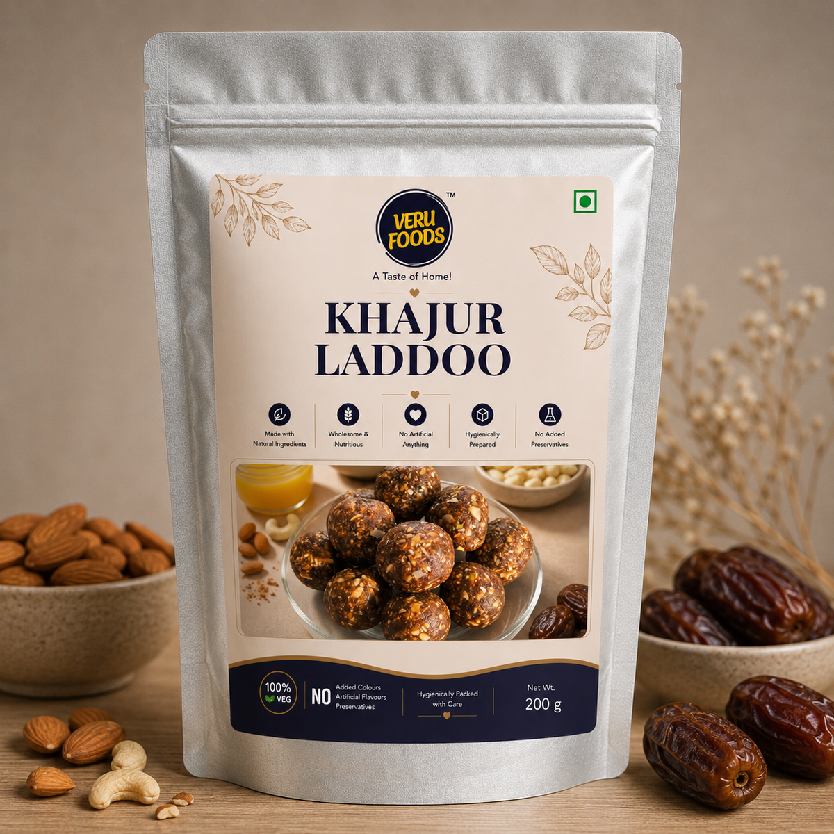 Veru Foods Khajur Laddoo stand-up pouch packaging, dates laddu made with desi ghee, almonds and cashews, healthy Indian sweet snack with dry fruits in premium pack.