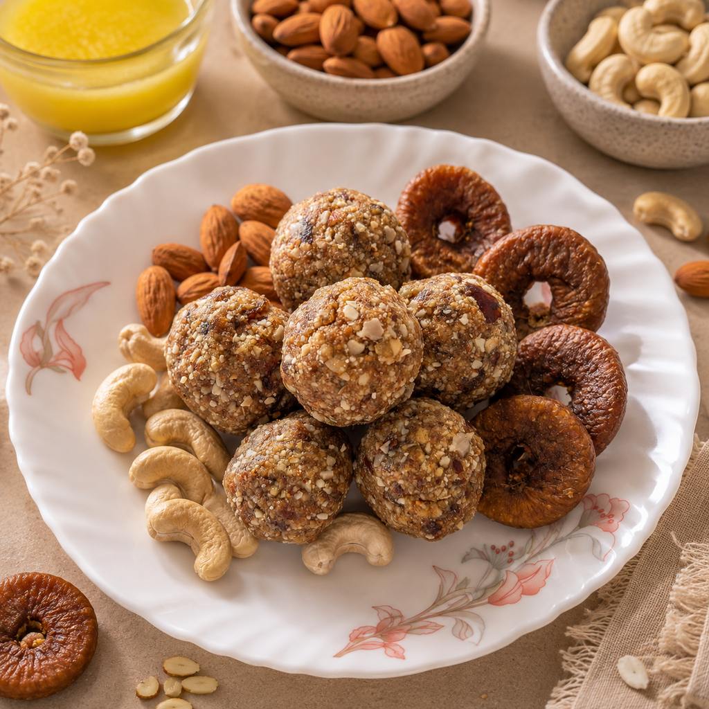 Mewa laddoo made with  figs, desi ghee, almonds and cashews, served on plate with dry fruits, healthy Indian sweet and natural energy snack.