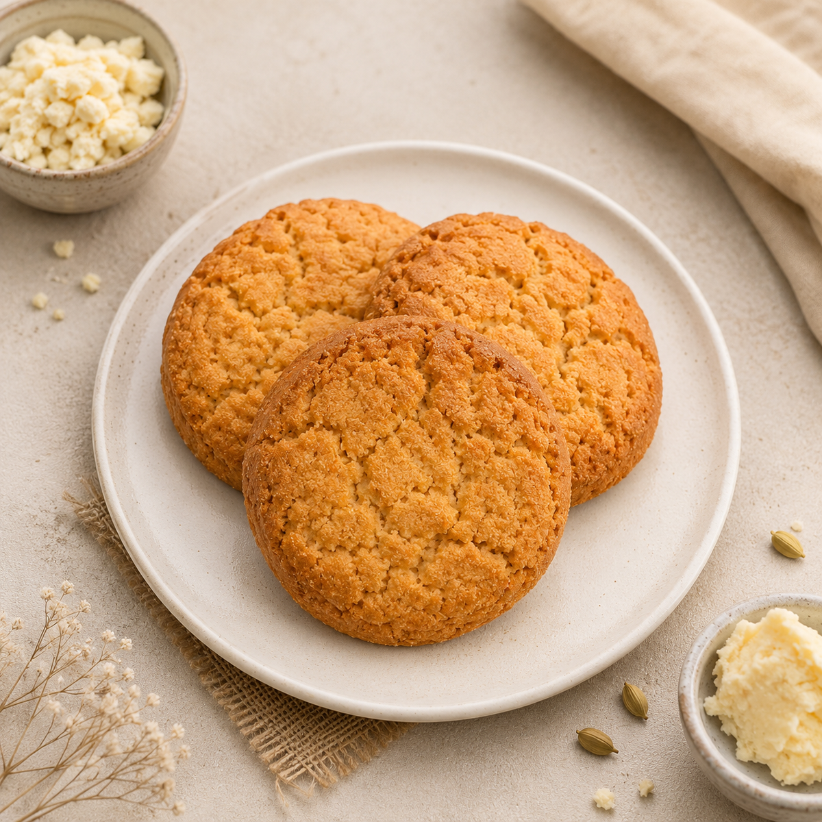 Veru Foods Mawa Cookies made with rich khoya, featuring golden-brown crumbly cookies ready to melt in mouth.