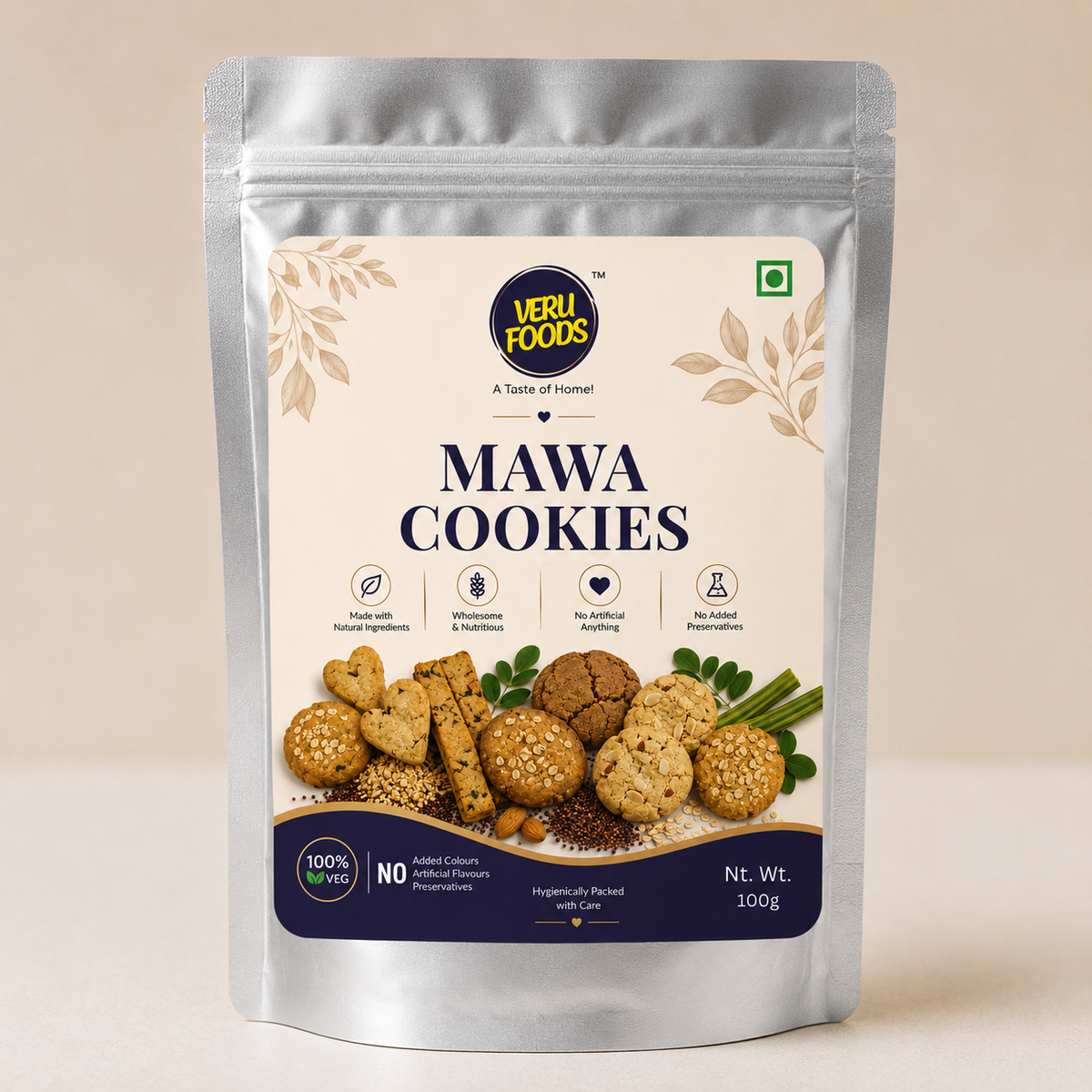 Veru Foods Mawa Cookies 100g silver foil stand-up pouch featuring a cream label, golden cookies, and natural ingredients