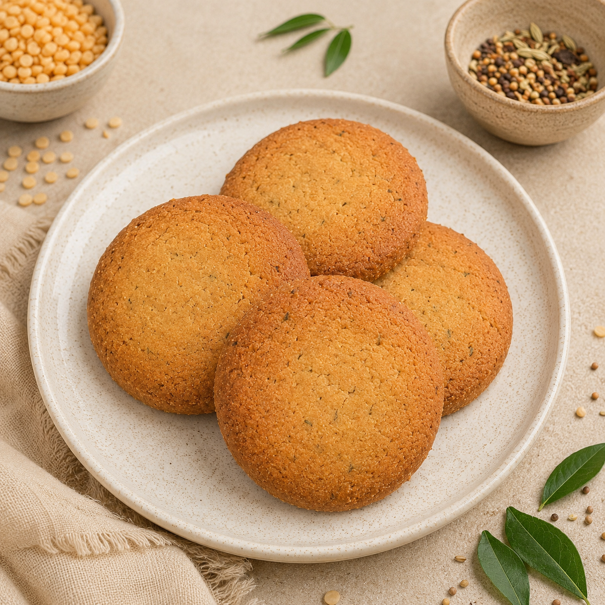 Veru Foods Namkeen Cookies featuring golden-brown savory spiced cookies with herbs, served on a ceramic plate with pulses, seeds, and fresh curry leaves