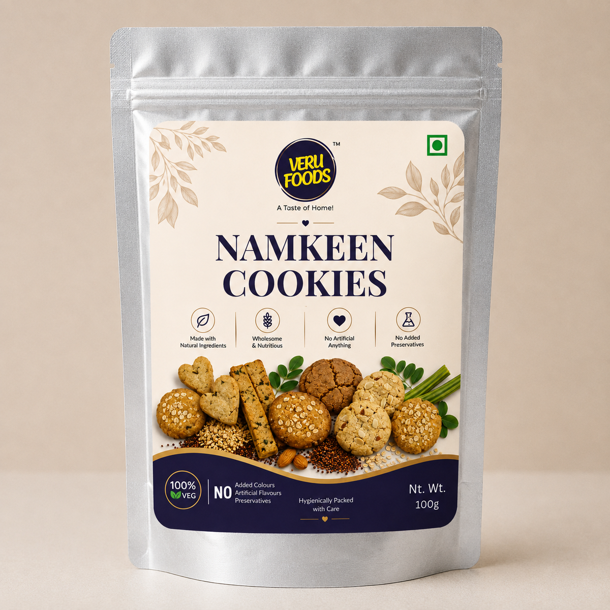 Veru Foods Namkeen Cookies 100g silver foil stand-up pouch featuring a cream label, savory cookies, natural ingredients, and 100% vegetarian packaging