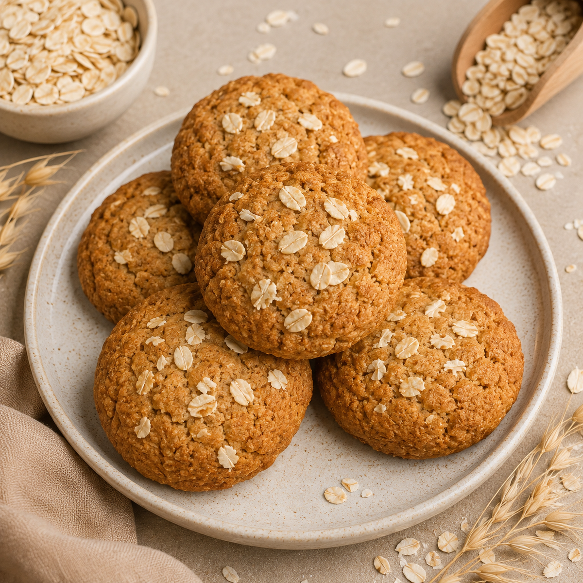 Veru Foods homemade oats cookies with rolled oats, golden-baked texture, and a wholesome rustic presentation