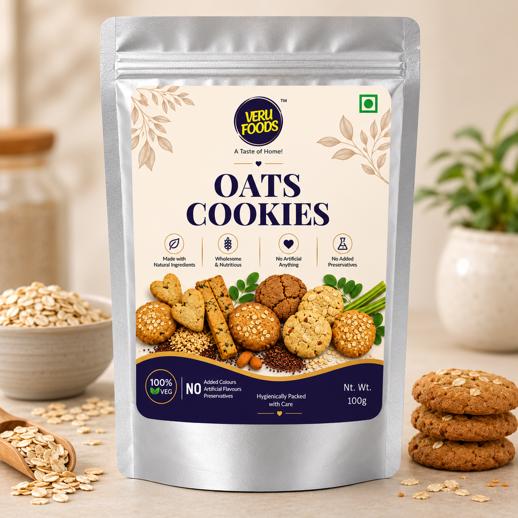 Veru Foods Oats Cookies in a silver foil stand-up pouch with oat cookies and rolled oats in a premium studio product setting