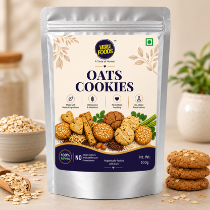 Veru Foods Oats Cookies in a silver foil stand-up pouch with oat cookies and rolled oats in a premium studio product setting