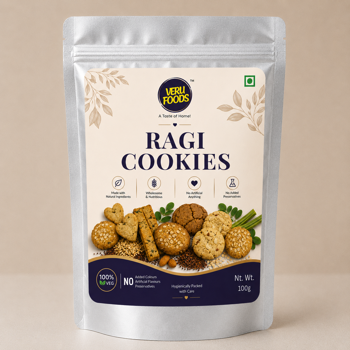Veru Foods Ragi Cookies in a silver foil stand-up pouch, premium Indian millet cookies made with ragi and natural ingredients