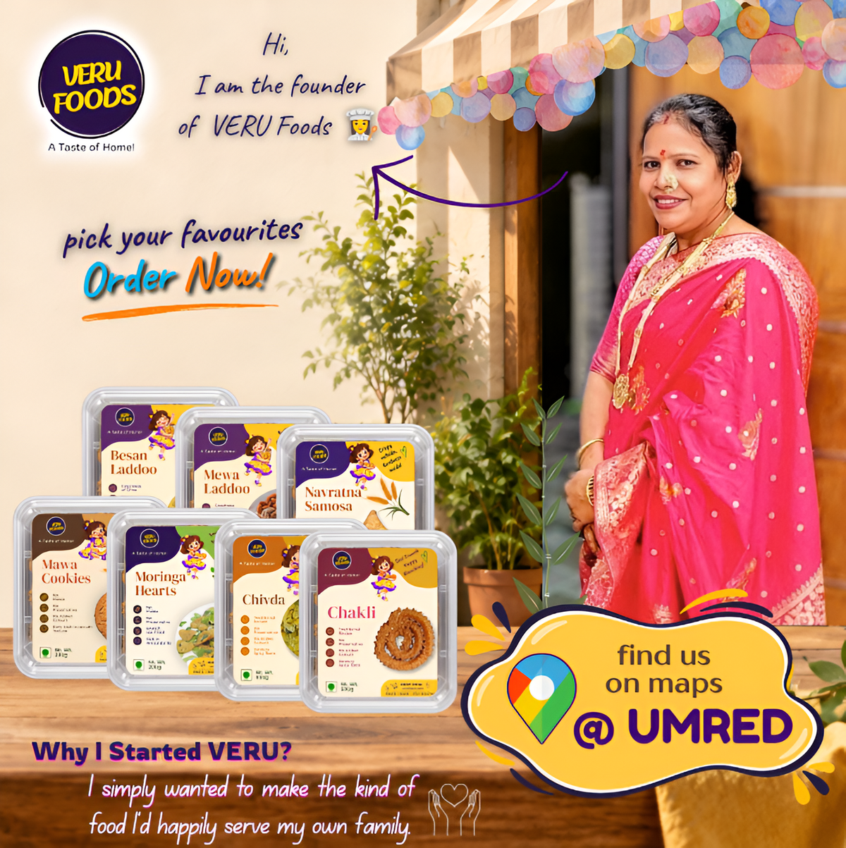 VERU Foods website banner featuring the founder, traditional homemade snacks, product range, online ordering, and a Find Us on Maps @ Umred call-to-action.