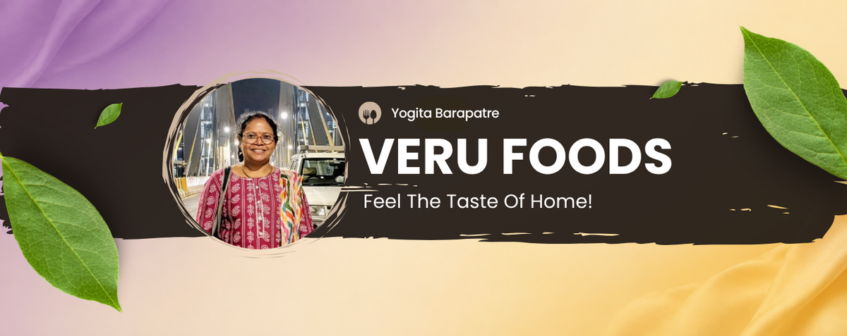 Veru Foods website banner with a subtle purple and golden-yellow background, featuring Mrs. Yogita Barapatre and the Veru Foods brand