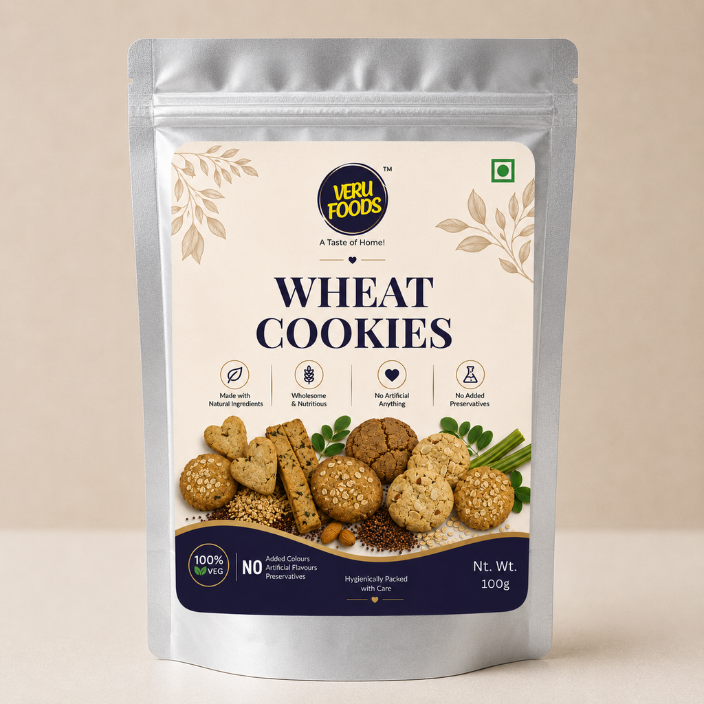 Veru Foods Wheat Cookies 100g silver foil stand-up pouch featuring a cream label, golden wheat cookies, grains, and natural ingredients