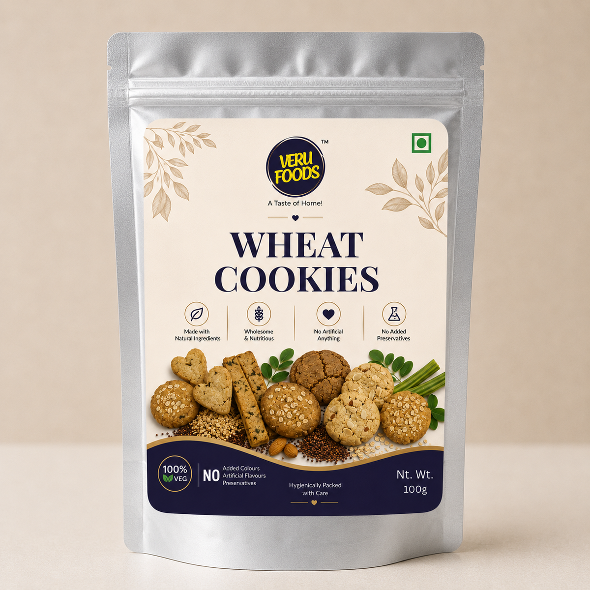 Veru Foods Wheat Cookies 100g silver foil stand-up pouch featuring a cream label, golden wheat cookies, grains, and natural ingredients