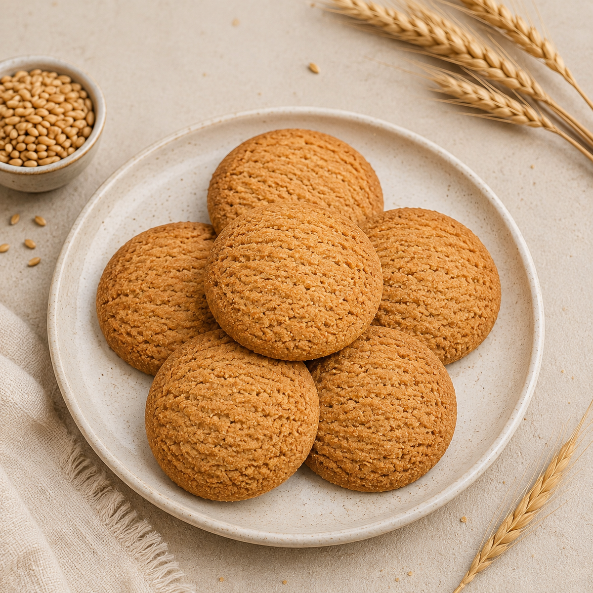 Veru Foods Wheat Cookies made with wheat flour, featuring five golden-brown crumbly cookies arranged on a ceramic plate with wheat grains and stalks