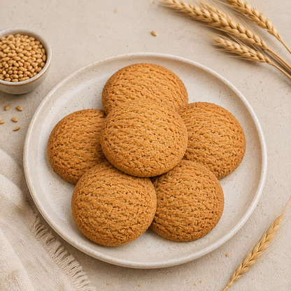 Veru Foods Wheat Cookies made with wheat flour, featuring five golden-brown crumbly cookies arranged on a ceramic plate with wheat grains and stalks